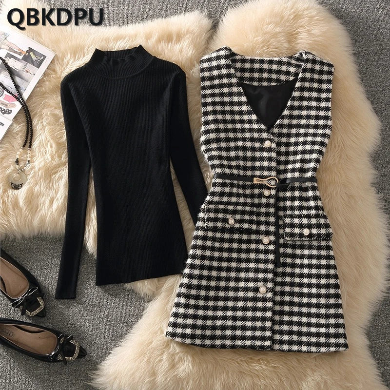 Houndstooth Tweed Vest Two Piece Set Women Outfit 2023 Korean Slim Turtleneck Sweater And Vintage Plaid Waistcoat Elegant Suits