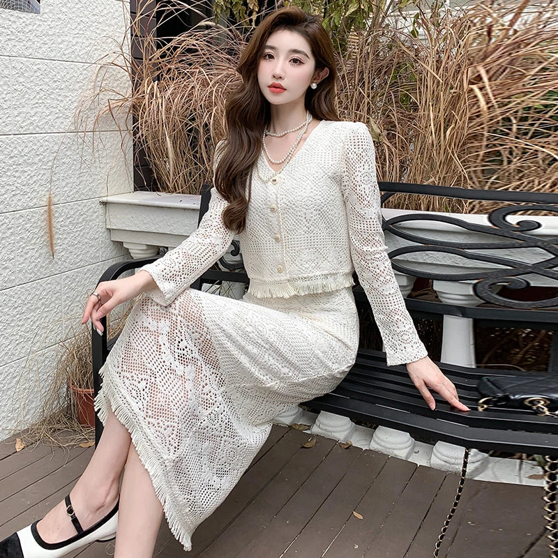 Spring and Autumn Ladies Temperament Fashion Lace Tassel Top Elegant Slim Casual Party Vintage Half-body Skirt Two Piece Set