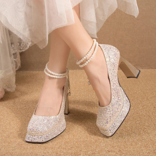 Lucyever 2023 Luxury Glitter Sequins Pumps Women Pearls Strap Bling Wedding Party Shoes Woman Square Toe High Heels Shoes Ladies