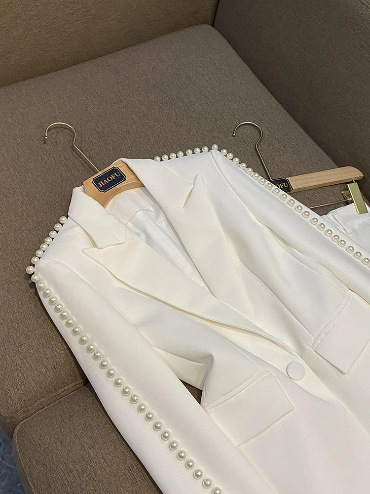 Spring Autumn Delicacy Beads Lady Office Suit Long Sleeve Single Button Blazer Flared Pants Women Solid 2Pcs