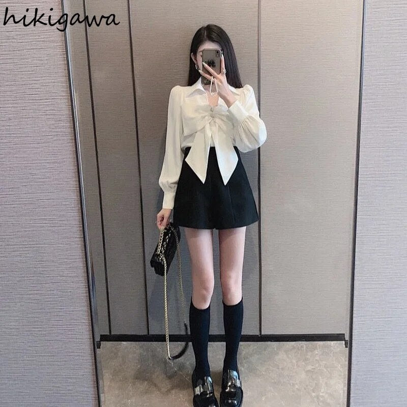 V-neck Long Sleeve Blouses Women's Clothing 2023 Korean Fashion White Shirts Ladies Tops Elegant Bow Chiffon Blusas De Mujer