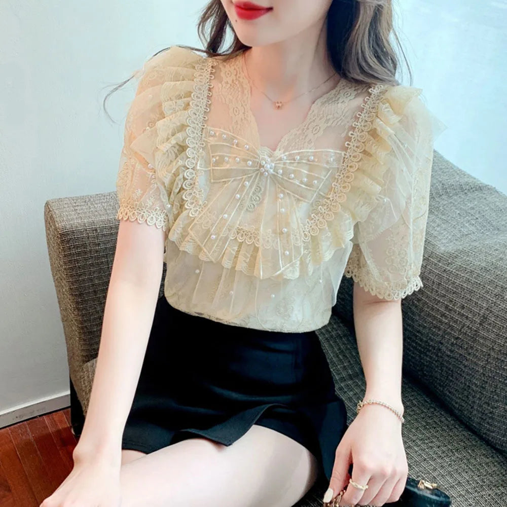 Elegant Chic Lace Blouses Female 2023 Summer Ruffle Fairy Chiffon Shirt Women's Korean Bubble Short Sleeve Beaded Bow Casual Top