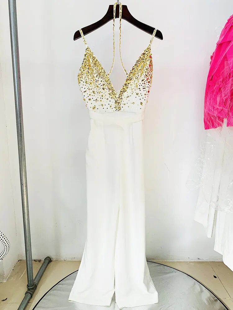 HIGH STREET Newest Fashion Summer 2023 Women's Spaghetti Strap Stunning Strass Stone Didmonds Beading Straight Jumpsuit