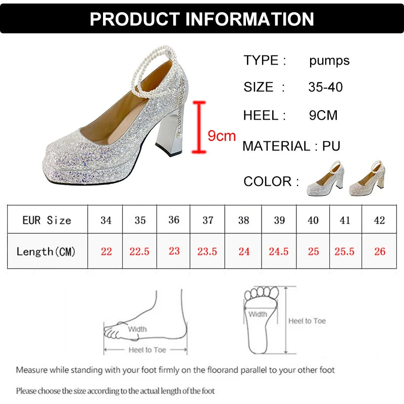 Lucyever 2023 Luxury Glitter Sequins Pumps Women Pearls Strap Bling Wedding Party Shoes Woman Square Toe High Heels Shoes Ladies