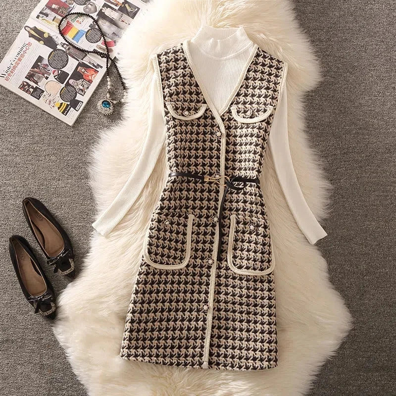 Casual Houndstooth V Neck Tweed Vest Jacket Women Suit Vintage Woolen Blends Waistcoat And Bottoming Knitted Sweater 2 Piece Set