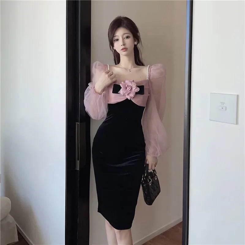 Fashion Women Princess Splicing Black Mini Dress Puff Sleeve High Waist Knot Party Dress Korean Vestidos