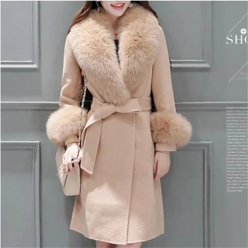 Elegant Luxury Solid Color Plus Size 3xl Long Jacket For Women Autumn Winter Faux Fur Lapel Belt Bow Coat Simple Slim Tweed Coat