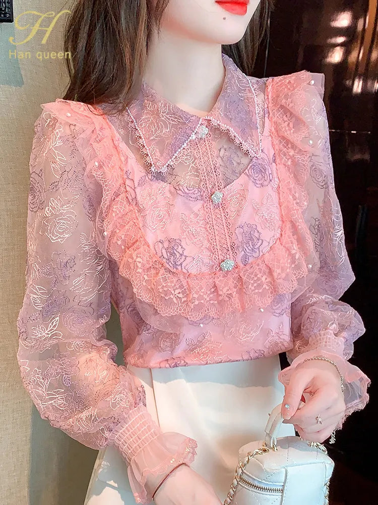 H Han Queen Autumn Blusas Basic  Embroidered Lace Blusas Vintage Tops Elegant Chiffon Blouse Women Loose Office Casual Shirts