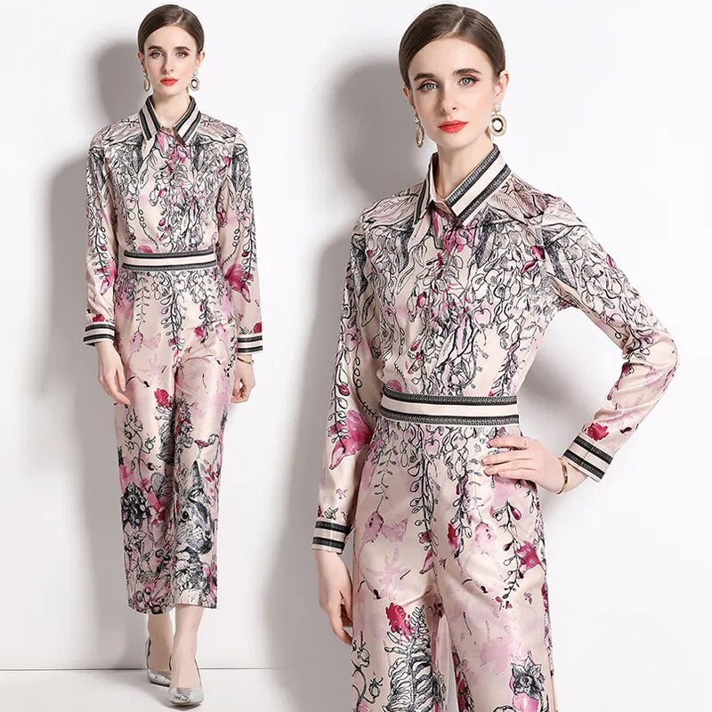 Autumn Vintage Flower Print Two Piece Set Women's Ink Painting Long Sleeve Shirt Top + Elastic Waist Ankle Straight Pants Suits