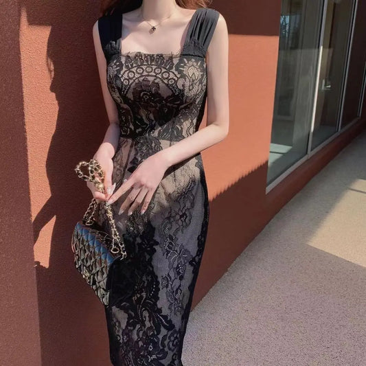 Black Chic Lace Dress Women 2023 Summer Elegant Evening Dresses Ladies Sleeveless Luxury Design Party Clothing Female