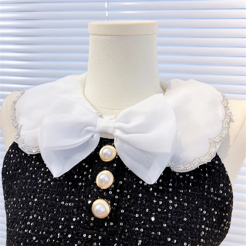 High Street  Autumn New Fashion 2023 Women Peter Pan Collar Pearl Button Sequins Beading Panelled Tweed Black Elegant Mini Dress