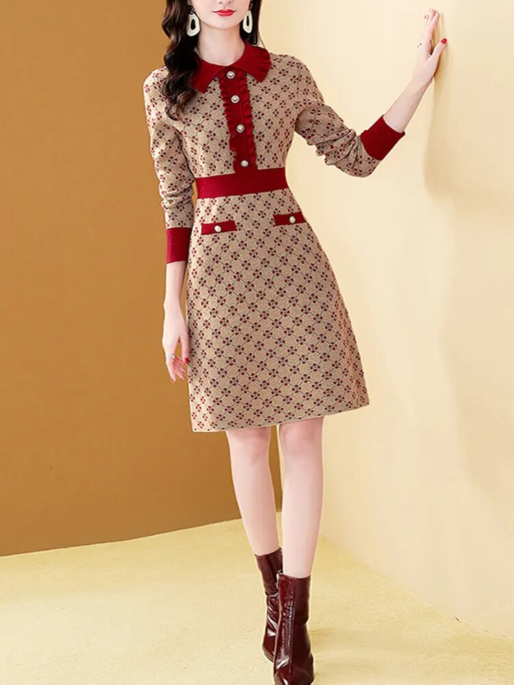 Knitted Elegant Women Dress Plaid Patchwork Buttons Peter Pan Collar Long Sleeve Winter Autumn A-line Female Dress Sweater 2021