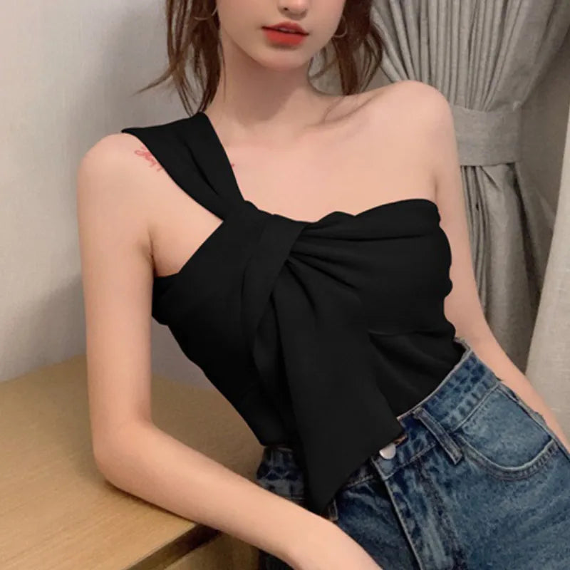 Women's One Shoulder Tank Crop Tops, Fashion Elegant Sleeveless Twist Front Solid Color Slim Fit T-Shirts Women's Clothes