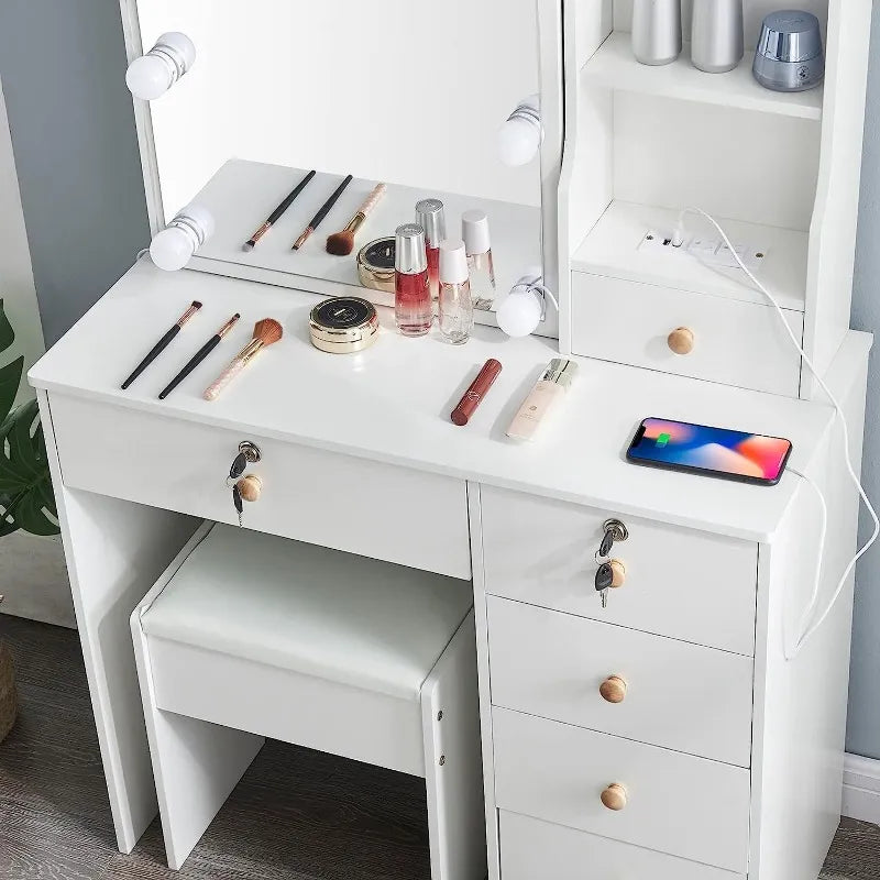 Vanity Set Dressing Table with Lighted Makeup Mirrors, Makeup Vanity Charging Station and Stool, Dressers for Bedroom Furniture