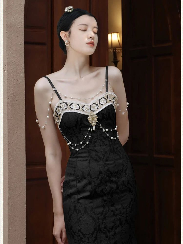 CHEERART Vintage Palace Black Pearl Beading Long Midi Slip Dress For Women 2023 Summer Elegant Luxury A Line Backless Dress