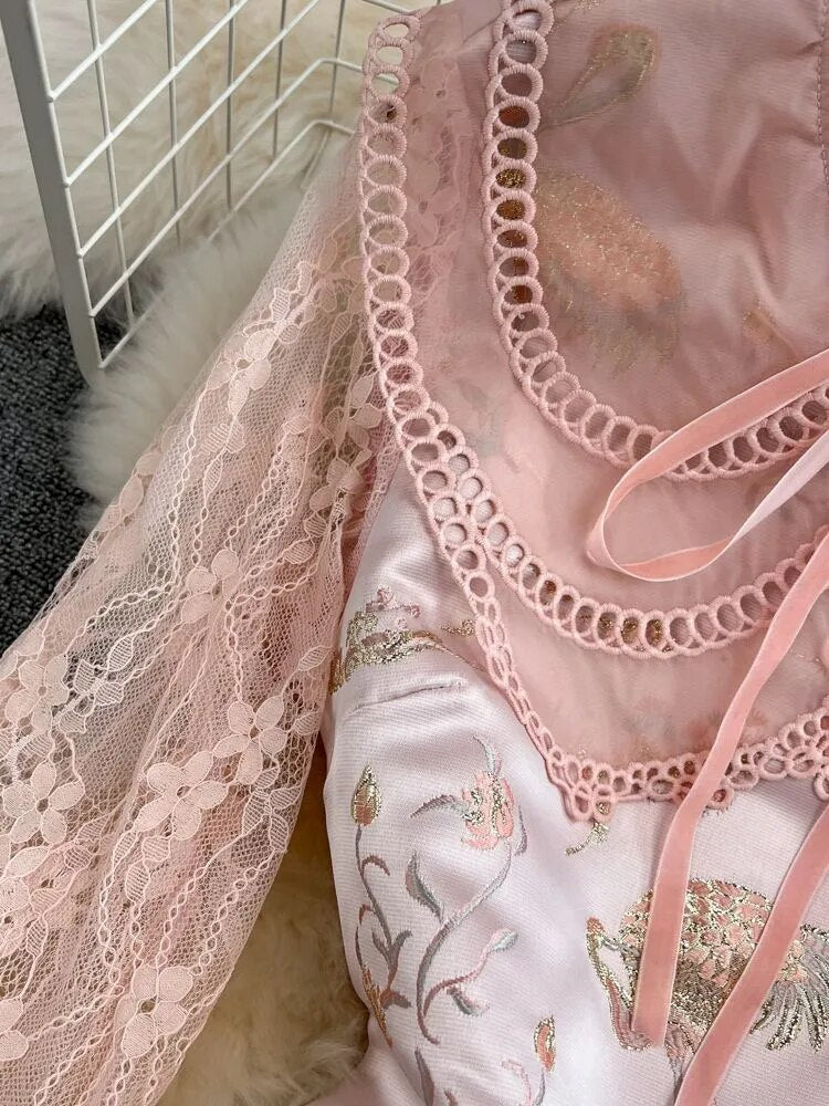 Sweet Girls Runway Mini Dress Women Pink Lace Patchwork Bow Collar Long Sleeve Flower Embroidered Jacquard Satin Party Vestidos