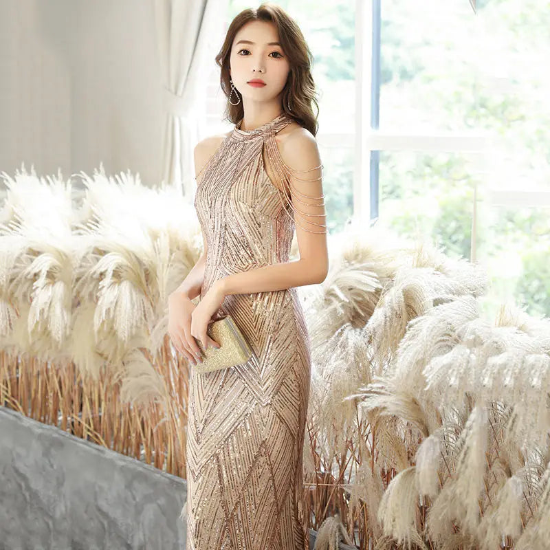 High-end evening dress female fish tail champagne color senior texture celebrity sexy fairy atmosphere banquet temperament light