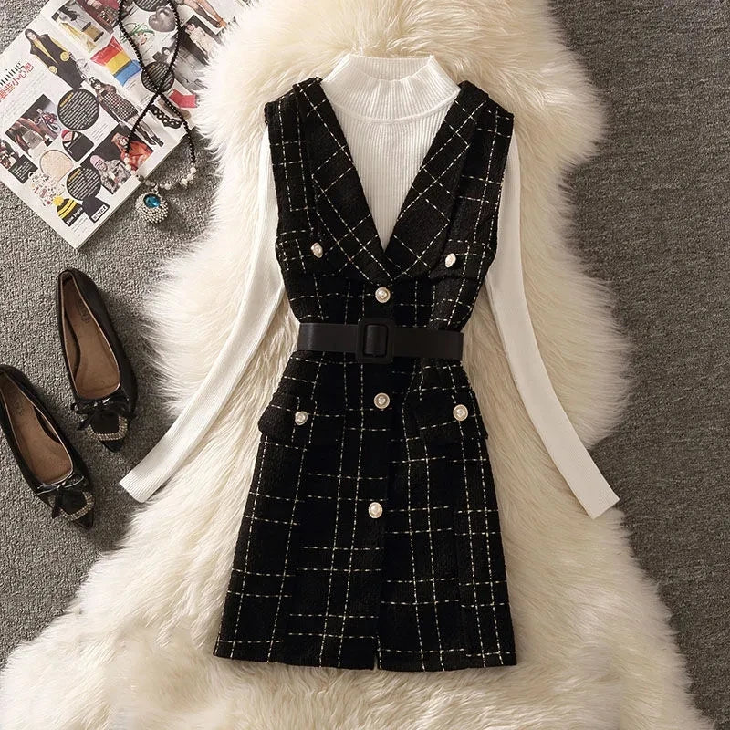 Elegant Plaid Tweed Vest Jacket With Belt Women Korean Unlined Woolen Waistcoat And Bottoming Knit Sweater Vintage 2 Piece Sets