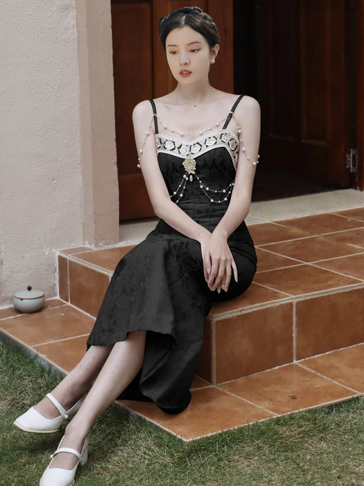 CHEERART Vintage Palace Black Pearl Beading Long Midi Slip Dress For Women 2023 Summer Elegant Luxury A Line Backless Dress