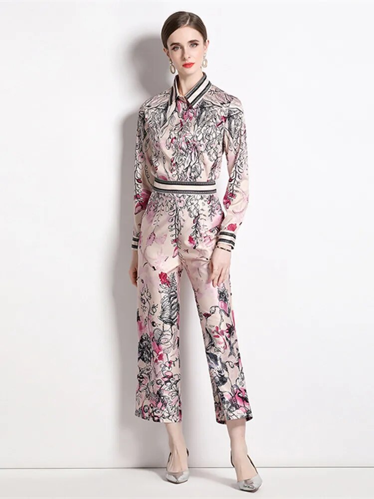 Autumn Vintage Flower Print Two Piece Set Women's Ink Painting Long Sleeve Shirt Top + Elastic Waist Ankle Straight Pants Suits