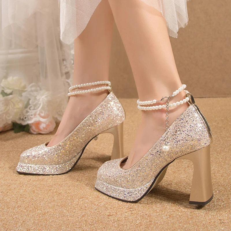 Lucyever 2023 Luxury Glitter Sequins Pumps Women Pearls Strap Bling Wedding Party Shoes Woman Square Toe High Heels Shoes Ladies