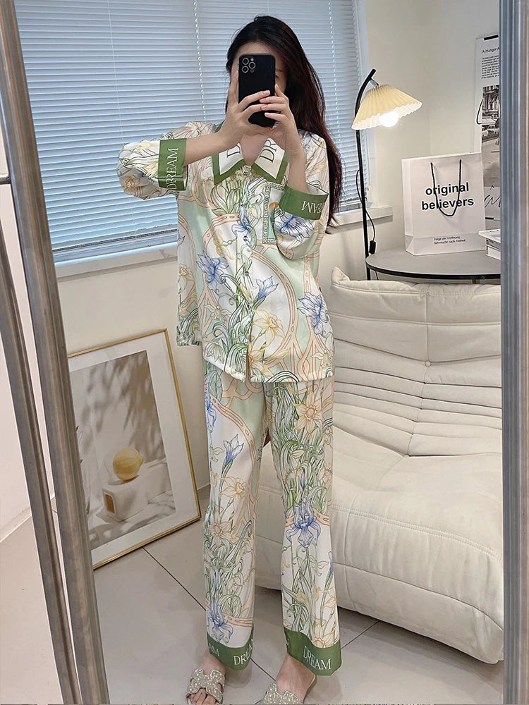 Plus Size 5xl Pajamas Set For Women Spring Summer Ice Silk Elegant Print Long Sleeve Long Pants Loose Pajamas Suit Sleepwear