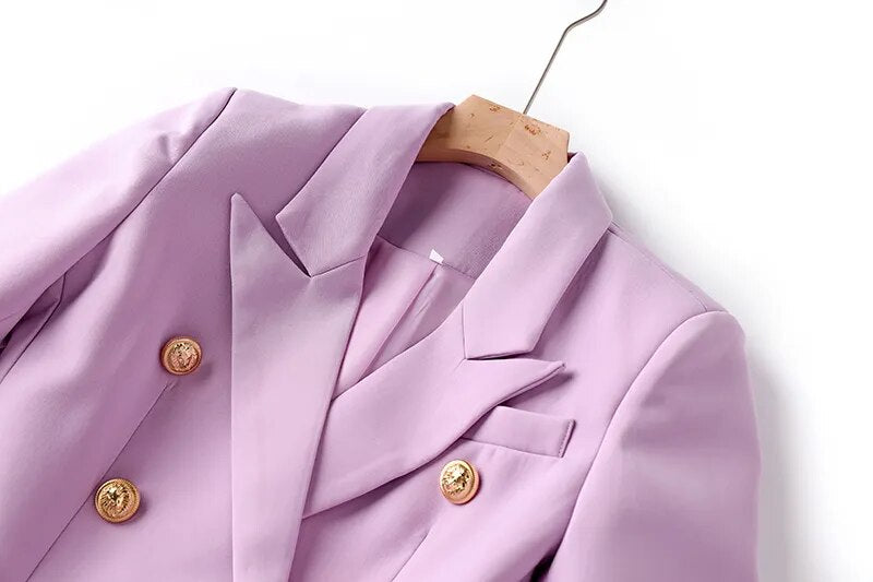 New Spring Autumn Fashion Women Twin Sets Fresh Lilac 2PCS Blazer Suits Elegant Slim Short Length with Belt