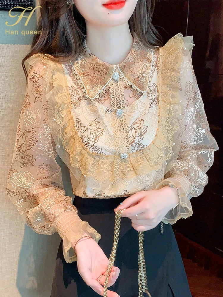 H Han Queen Autumn Blusas Basic  Embroidered Lace Blusas Vintage Tops Elegant Chiffon Blouse Women Loose Office Casual Shirts