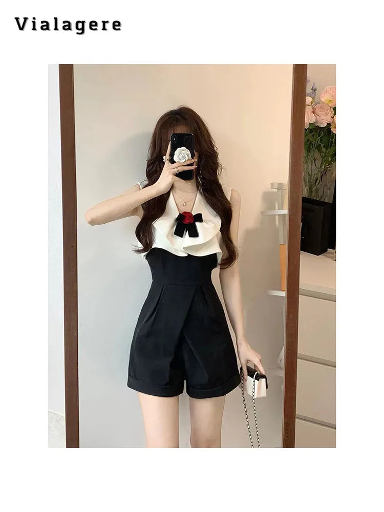 2023 Summer Hotsweet Casual Patchwork Sleeveless Slim Fit Jumpsuits Sexy Sheath 3D Flowers Decoration Y2K Fashion Rompers