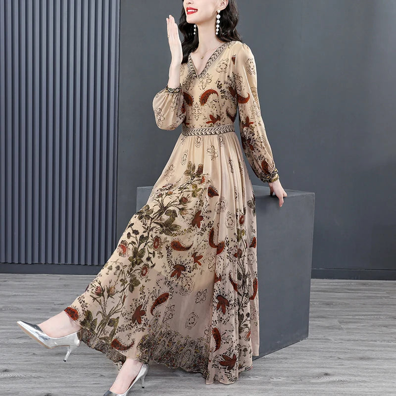 2022 Boho Floral Silk Long Sleeve V-Neck Maxi Dress Women Korean Fashion Luxury Chic Dress Autumn Elegant Bodycon Party Vestidos