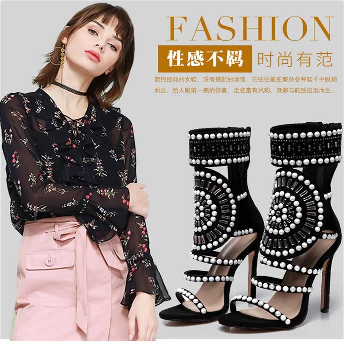 Women Shoes Luxury Brand High Quality Rhinestone Designer Pumps Sandals Crystal Ankle Wrap Glitter 11CM Sexy Bohemian Shoes