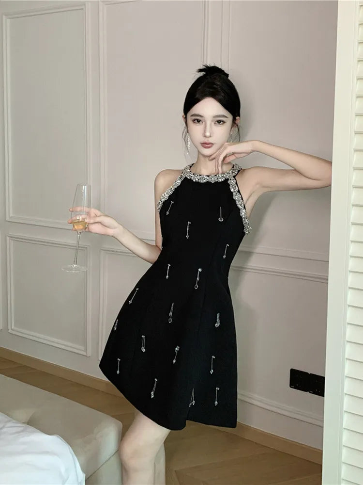 High Quality French Luxury Diamonds Beading Party Dresses For Women 2023 Summer New Elegant Fashion Sleeveless Sexy Dress Robes