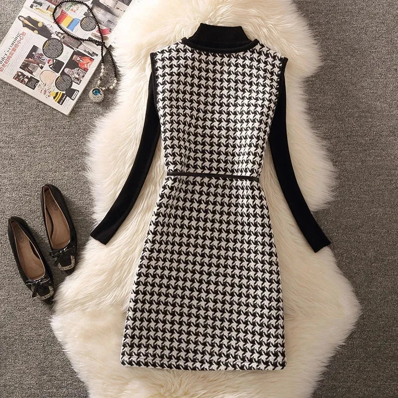 Casual Houndstooth V Neck Tweed Vest Jacket Women Suit Vintage Woolen Blends Waistcoat And Bottoming Knitted Sweater 2 Piece Set