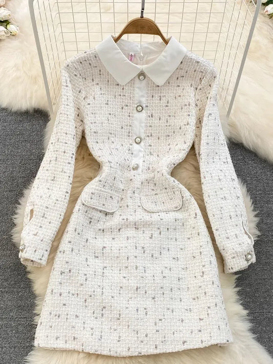 Autumn Winter 2022 Vintage Small Fragrant Sweet Tweed Wool Short Dress Women Peter Pan Collar Pearls Buttons A-Line Vestidos