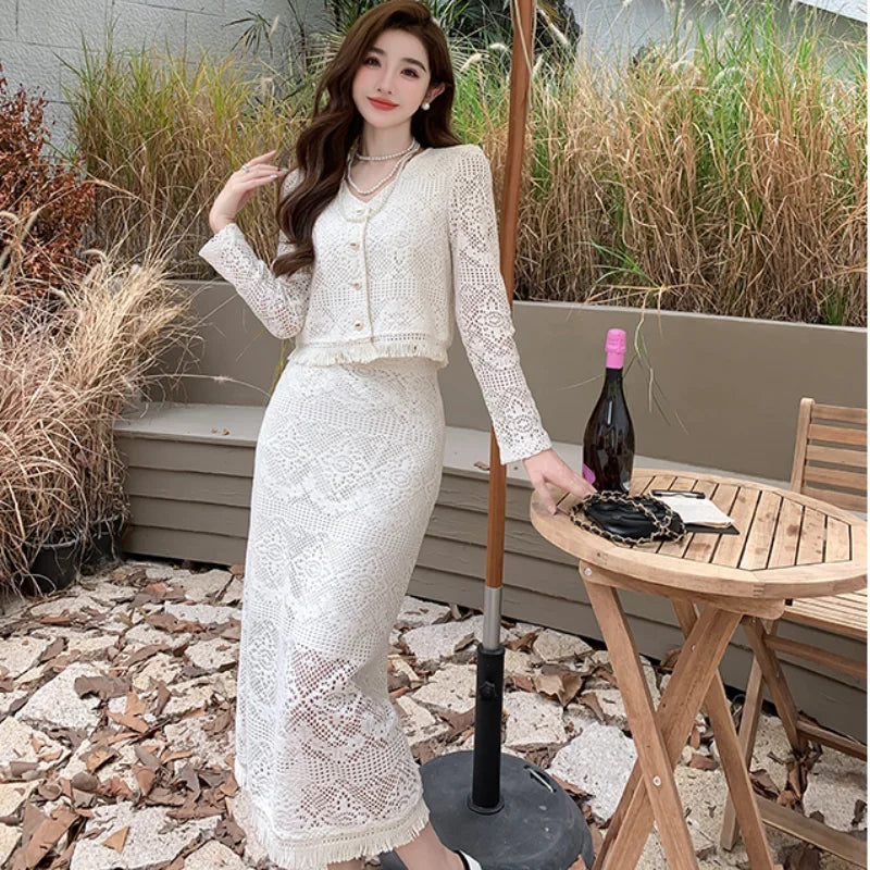 Spring and Autumn Ladies Temperament Fashion Lace Tassel Top Elegant Slim Casual Party Vintage Half-body Skirt Two Piece Set