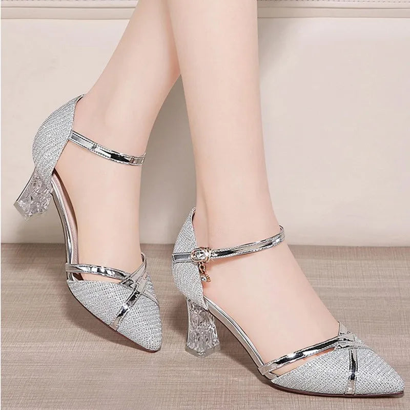 Gold Women Sandals Party High Heels Slip-On Solid Sexy for Ladies Quality Wedding Party Nightclub Sequin Buckle Shoes for Women