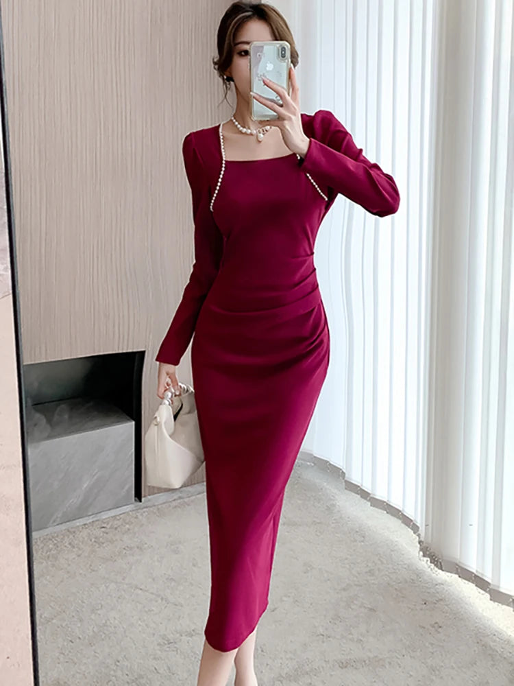 Women Korean Vintage Luxury Evening Dress Autumn Winter Black Chic Beading Square Collar Dress 2023 Elegant Casual Party Dresses