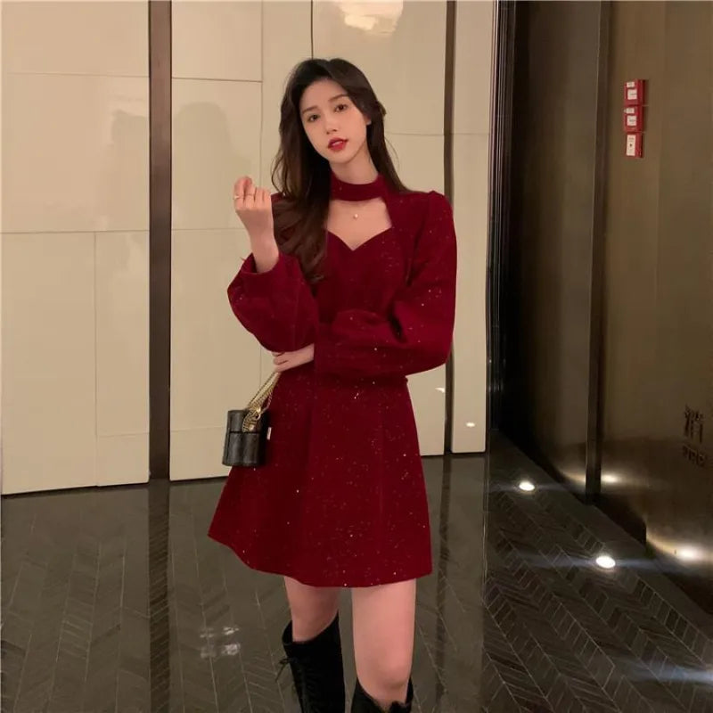 Women's Christmas party red gold velvet mini dress fall and winter new velvet design sense of temperament small black dress