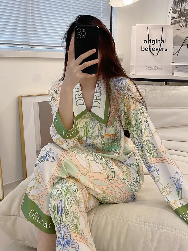 Plus Size 5xl Pajamas Set For Women Spring Summer Ice Silk Elegant Print Long Sleeve Long Pants Loose Pajamas Suit Sleepwear