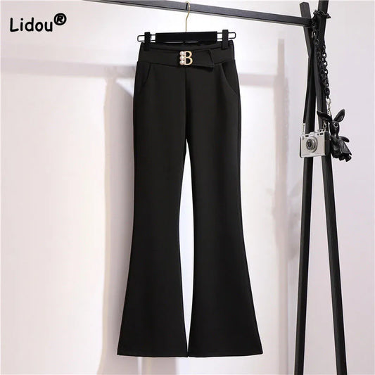 Office Lady Beading Spliced Elastic Solid Color Flare Pants Spring Autumn New Korean Slim Suit Cropped Pants Women's Clothing