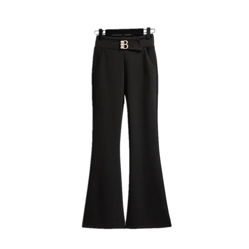 Office Lady Beading Spliced Elastic Solid Color Flare Pants Spring Autumn New Korean Slim Suit Cropped Pants Women's Clothing