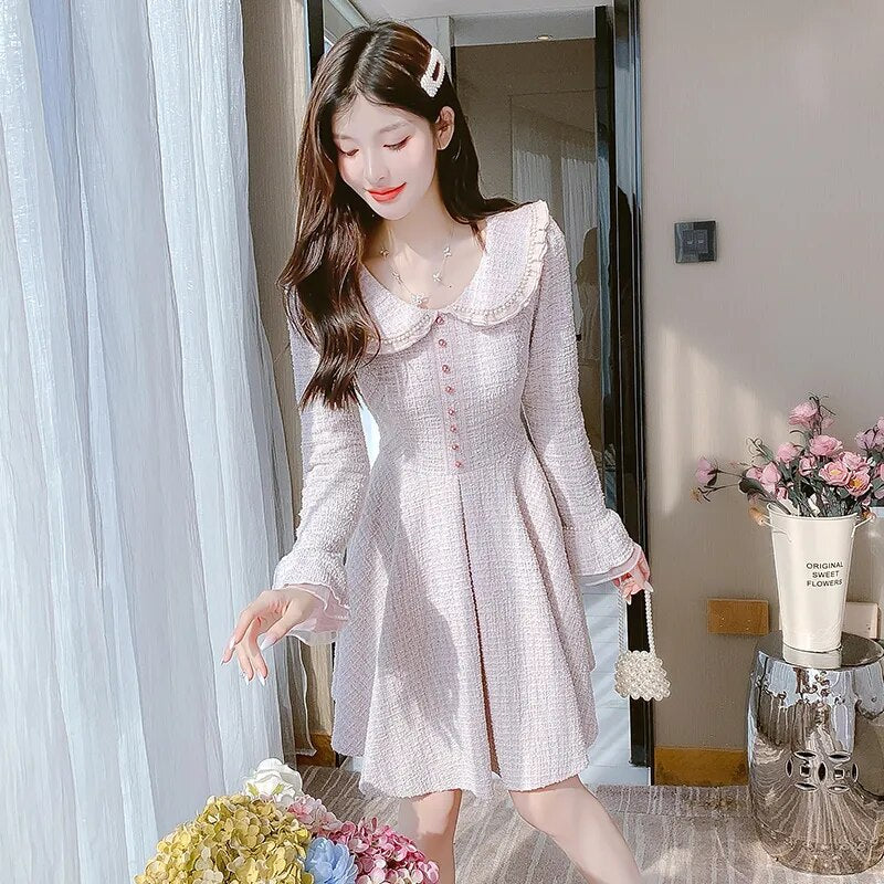 Runway Fall Korean Sweet Tweed Pearl Button Patchwork Women Dresses Female Elegant Ladies Ruffle Chic Dress Vestido Mujer