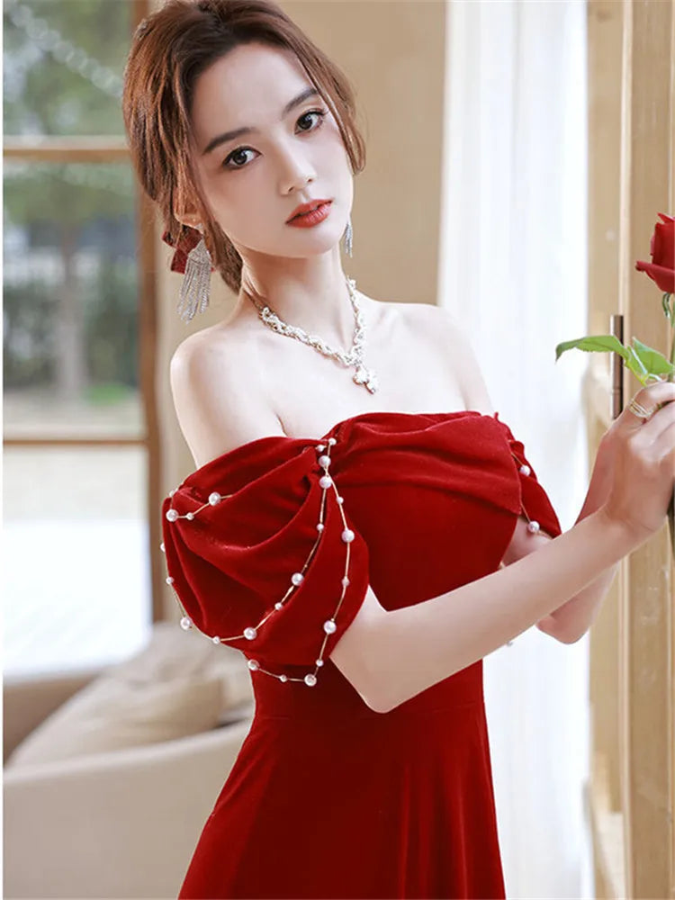 Elegant Wine Red Dress Female Solid Color Strapless Beaded Long A-line Skirt Temperament Evening Gown M344