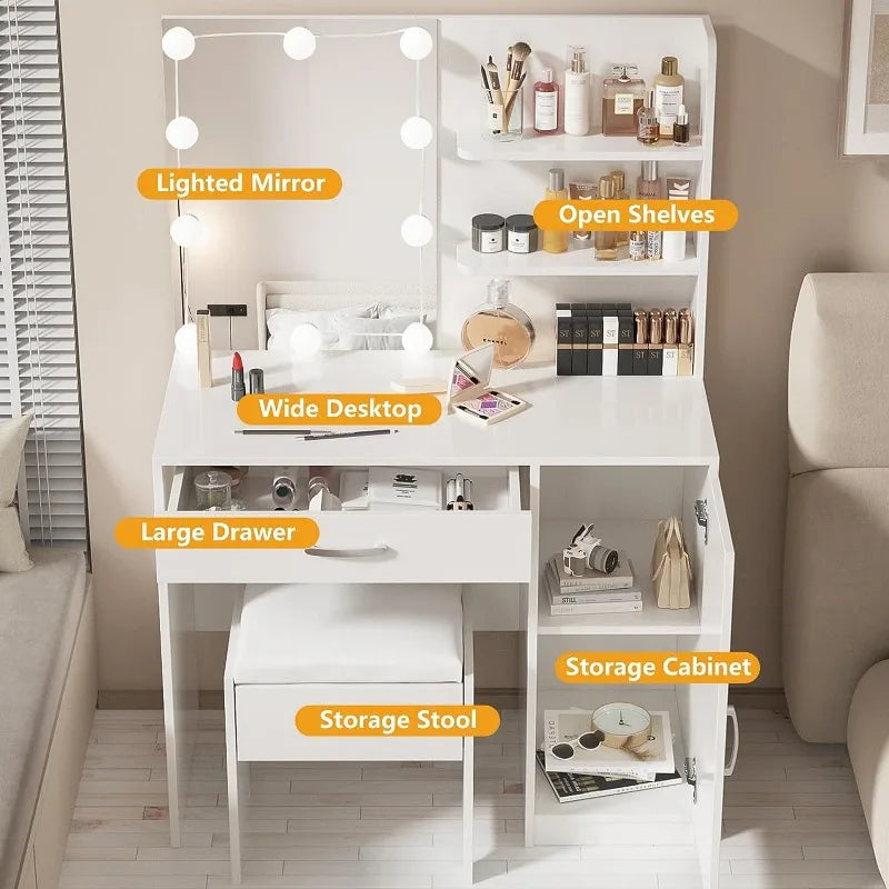 Vanity Desk,dressing Table with Mirror and Lights Set, Large Drawer and Two-Tier Lots Storage Cabinet,dressers Bedroom Furniture