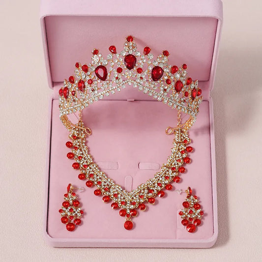 Itacazzo Bridal Headwear Crown Necklace Earrings Red-Colour Women's Exquisite Wedding Set of Four Tiaras