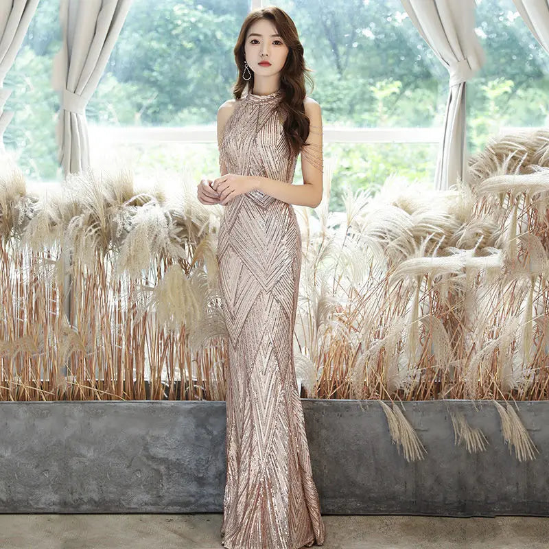 High-end evening dress female fish tail champagne color senior texture celebrity sexy fairy atmosphere banquet temperament light