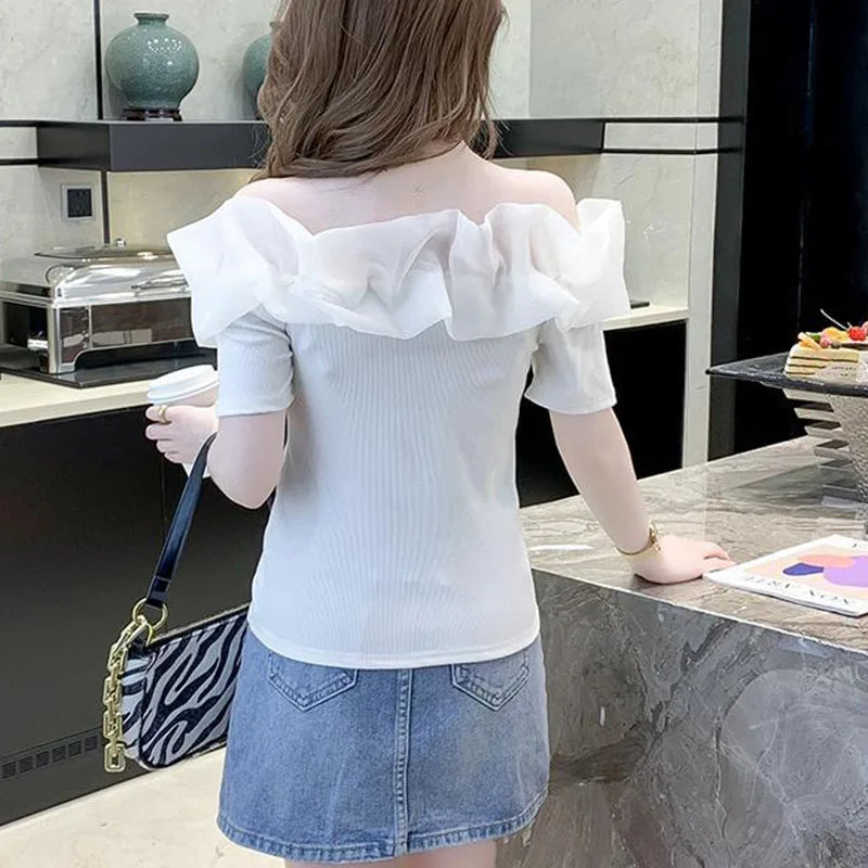 2023 New Summer Off Shoulder Short Sleeve T Shirt Women Sexy Mesh Patchwork Ruffles White Tops Woman Korean Slim Chic T-Shirt