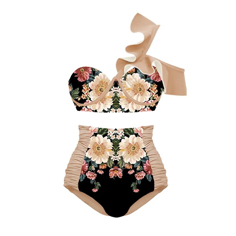 Retro Floral-print Swimsuit Split-joint the Shoulder Swimwear Women Ruffle Hot Bikinis Set HighWaist Bathing Suits 2023 Designer