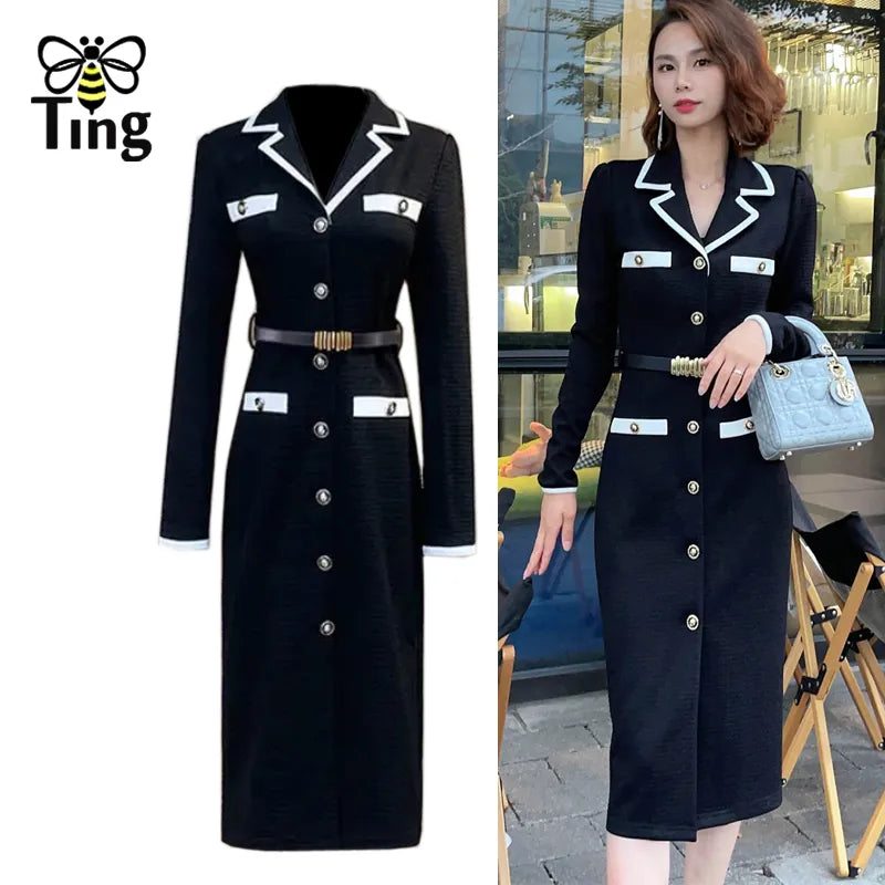 Tingfly Runway Fashion Women Black High Quality Straight Knee Length Dress Office Lady Notched Collar Work Vestidos Traf Elbise