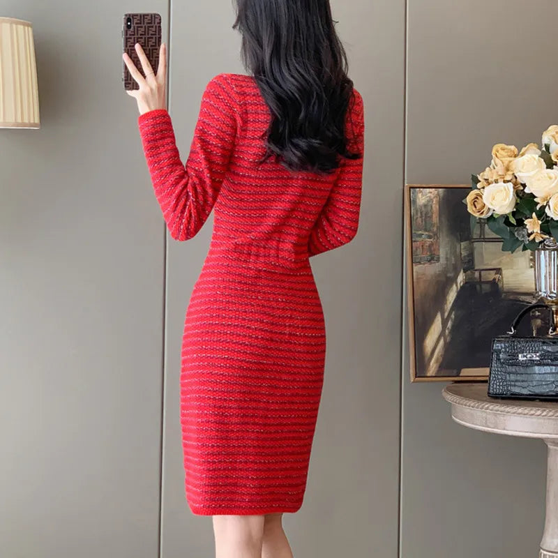 #0990 Red Short Pencil Dress V-neck Knit Sweater Dress Women Long Sleeve Office Dress Woman Slim Buttons Pockets Sexy Knitwear